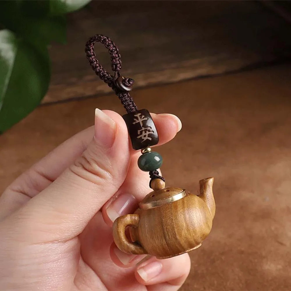 Mini Little Teapot Keychain Waterproof Openable Carved Teapot Pendant Woven Rope Ornament Green Sandalwood Phone Chain Women Zpaxo