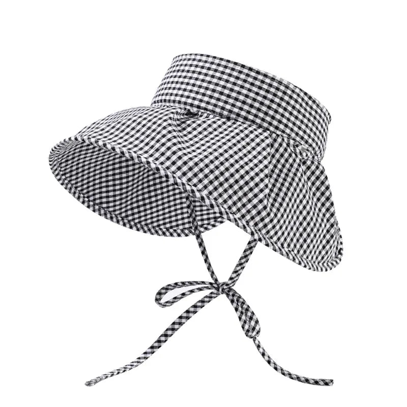 Butterfly knot checkered fisherman hat women's summer small fresh travel sun hat big brim to show face small sun hat Zpaxo black visor cap