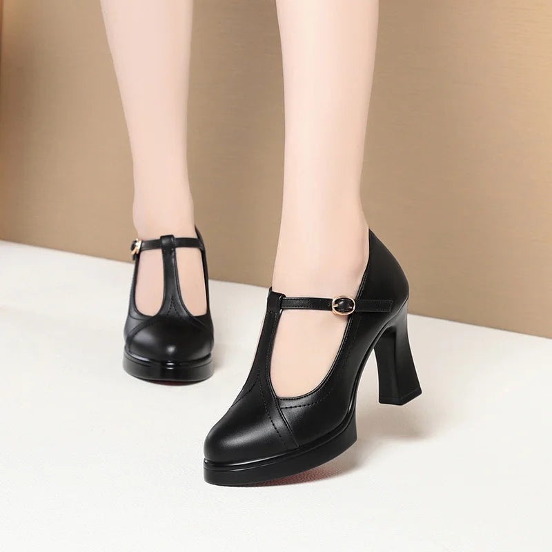 One-line Button Single Shoes Women Summer Thick Heel Model Catwalk Zpaxo