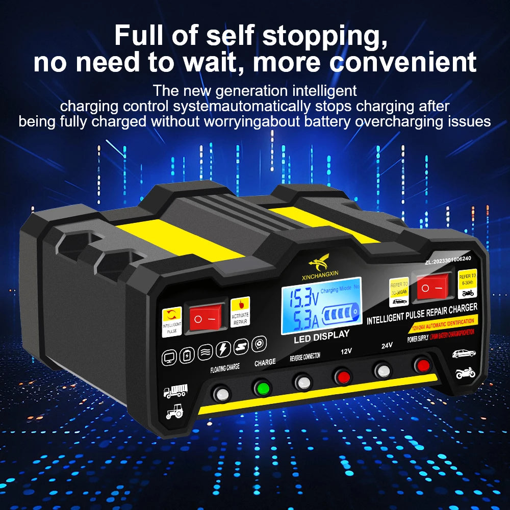 Full Automatic Car Battery Charger Wet Dry Lead Acid LCD Display