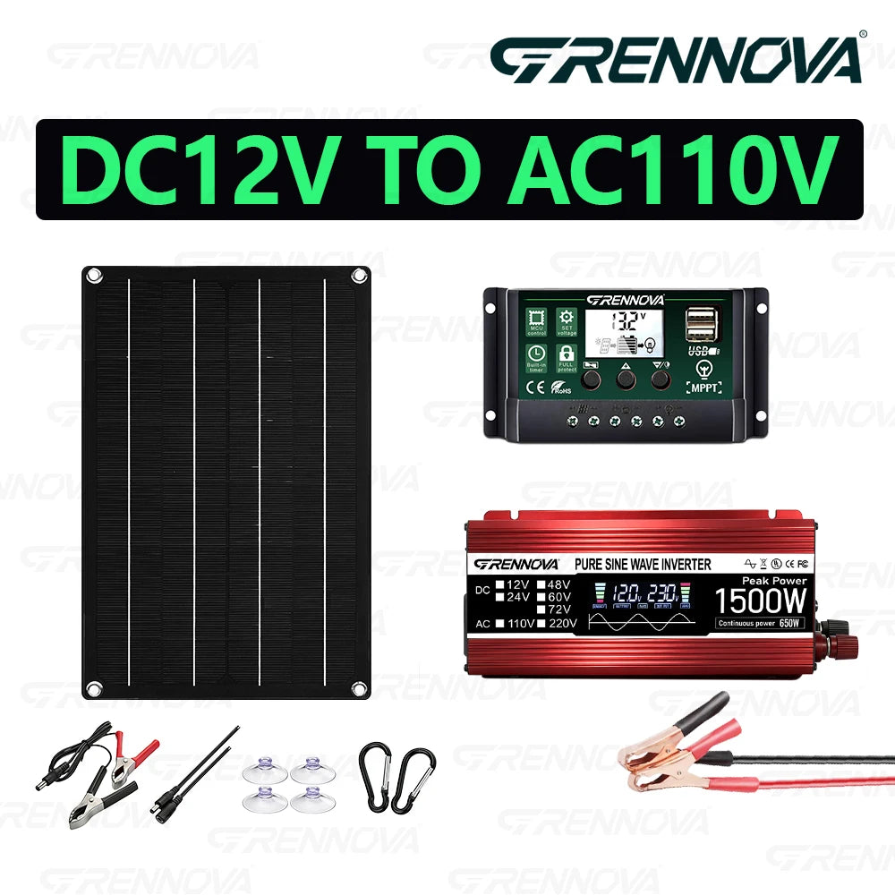 1500W Complete Solar Kit 12V To 110V/220V Pure Sine Inverter 60A MPPT Controller True Power Guarantee For RV/Boat/Farm/Van Life Zpaxo 110V Kit
