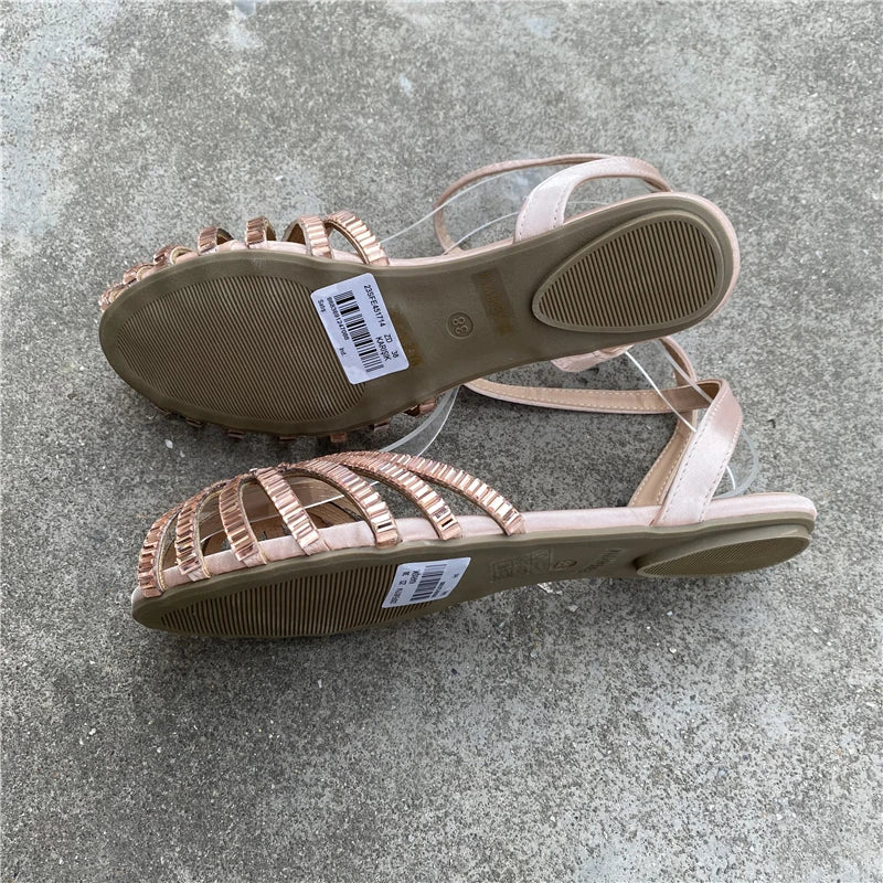 Fashion Roman Sandals Women 2023 Summer New French Gladiator Flat Bottom Rhinestone Black Women Slippers Luxury Sandals Zpaxo