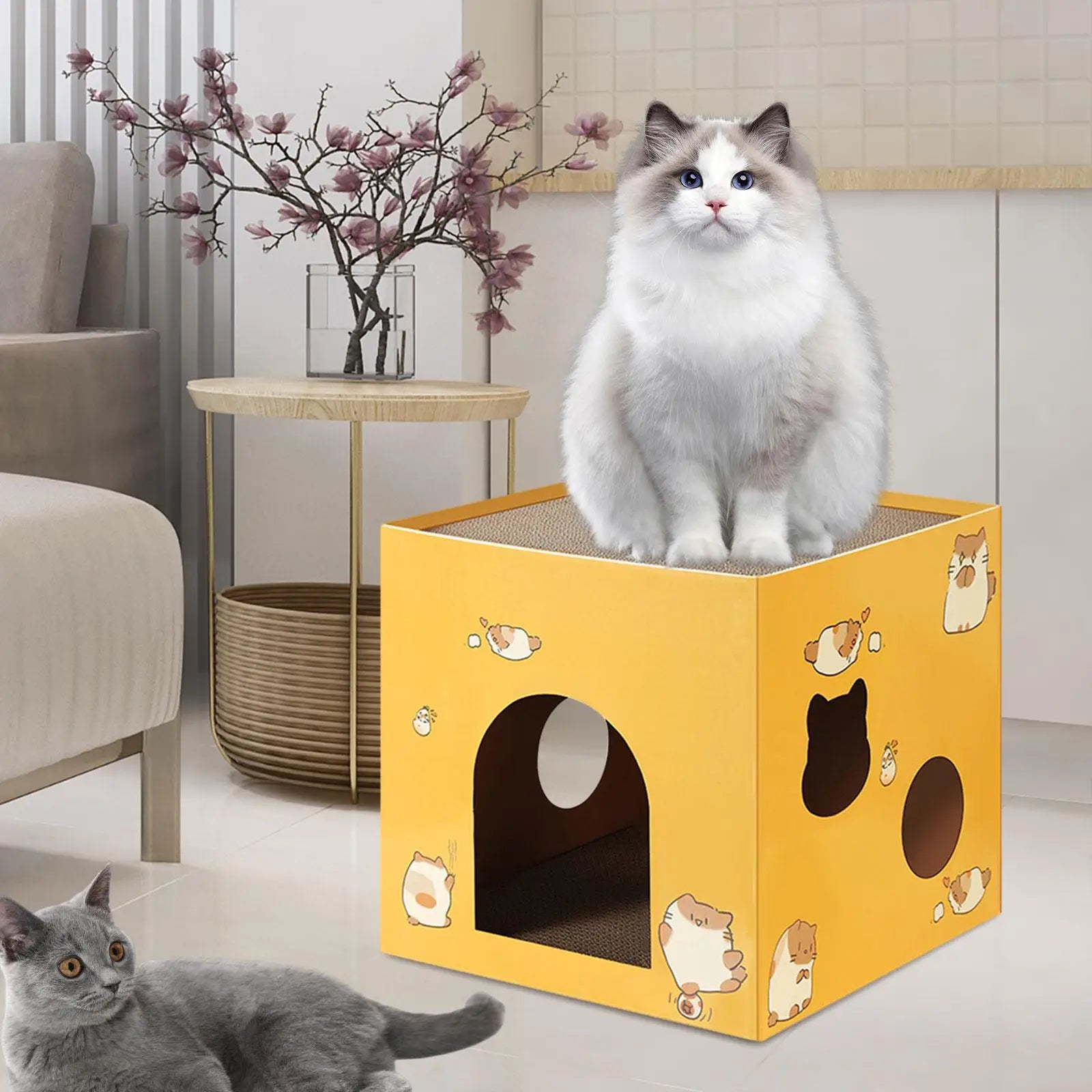 Cat Cardboard House with Scratch Pads Corrugated Cardboard Scratcher Cat Box Cats Bed for Cat Rabbit Small Animals Bunny indoor Zpaxo Yellow L
