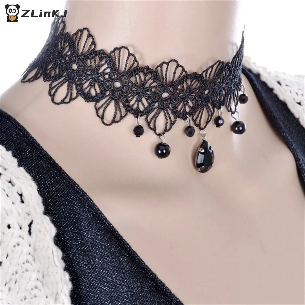 ▶1PCS Gothic Black Lace Retro Choker Collar Flower Pendant Necklace Jewelry Zpaxo