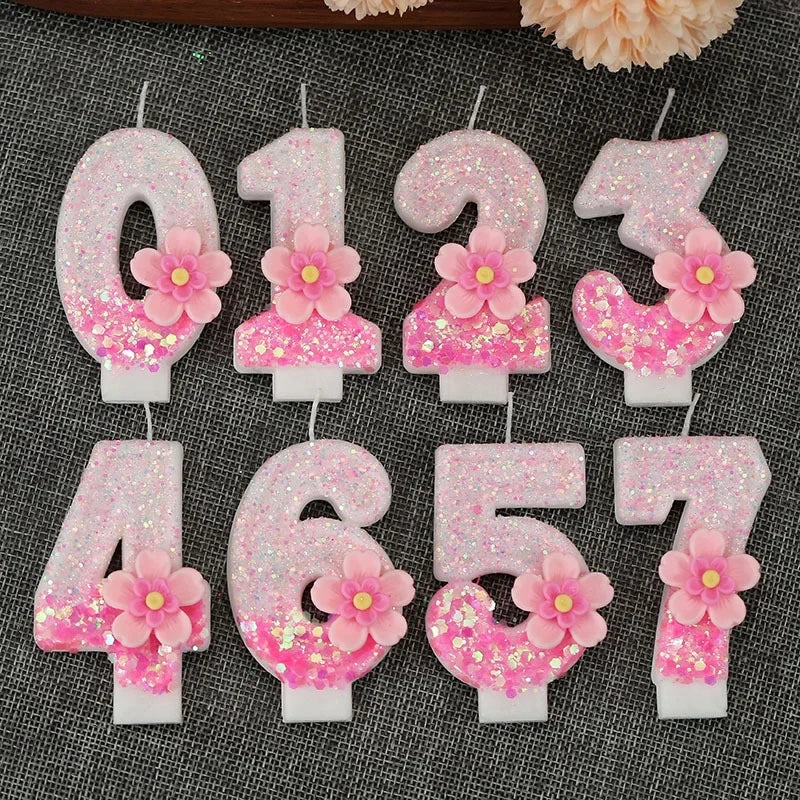 Creative Birthday Candles Pink Gradient Glitter Flower Number Cake