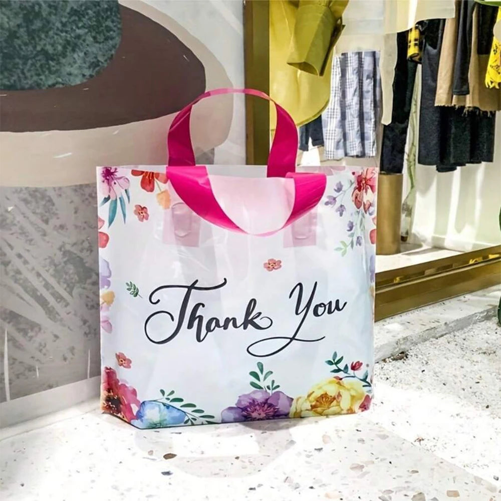 20/50Pcs Thank You Gift Bag with Handle Plastic Floral Shopping Bags for Small Business Wedding Birthday Party Gift Bags Zpaxo