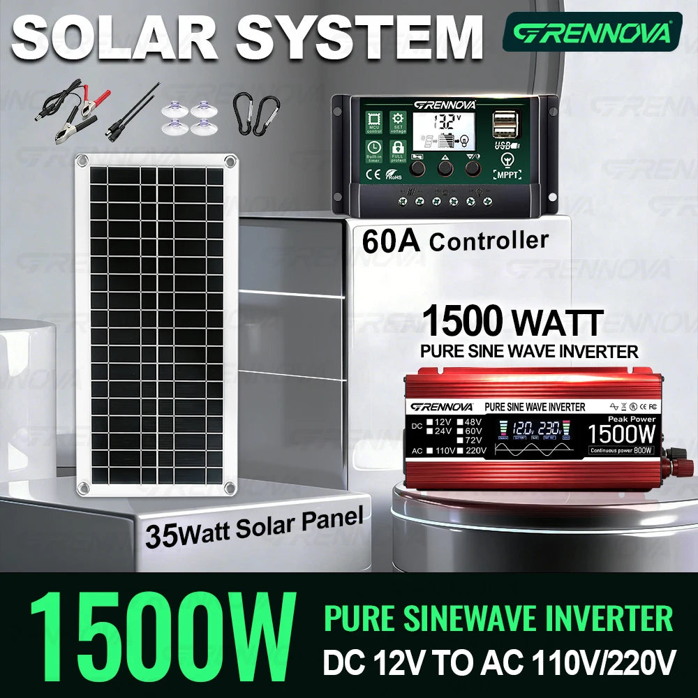 Grennova 1500W Solar System Kit High Quality Panel Pure Sine Power Inverter 60A MPPT Controller Off-Grid RV/Camper Home Backup Zpaxo