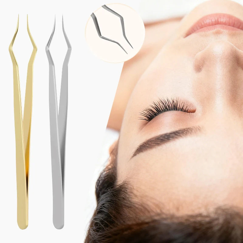 New Silver Gold Lash Extension Tweezers Anti Slip Stainless Steel Curved Tip Tweezers High Precision Nail Art Makeup Beauty Tool Zpaxo