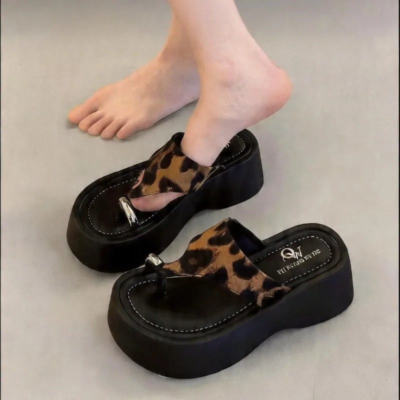 Women's Fish Mouth Toe Loop Comfortable Thick Sole Slippers Summer Zpaxo leopard print 35