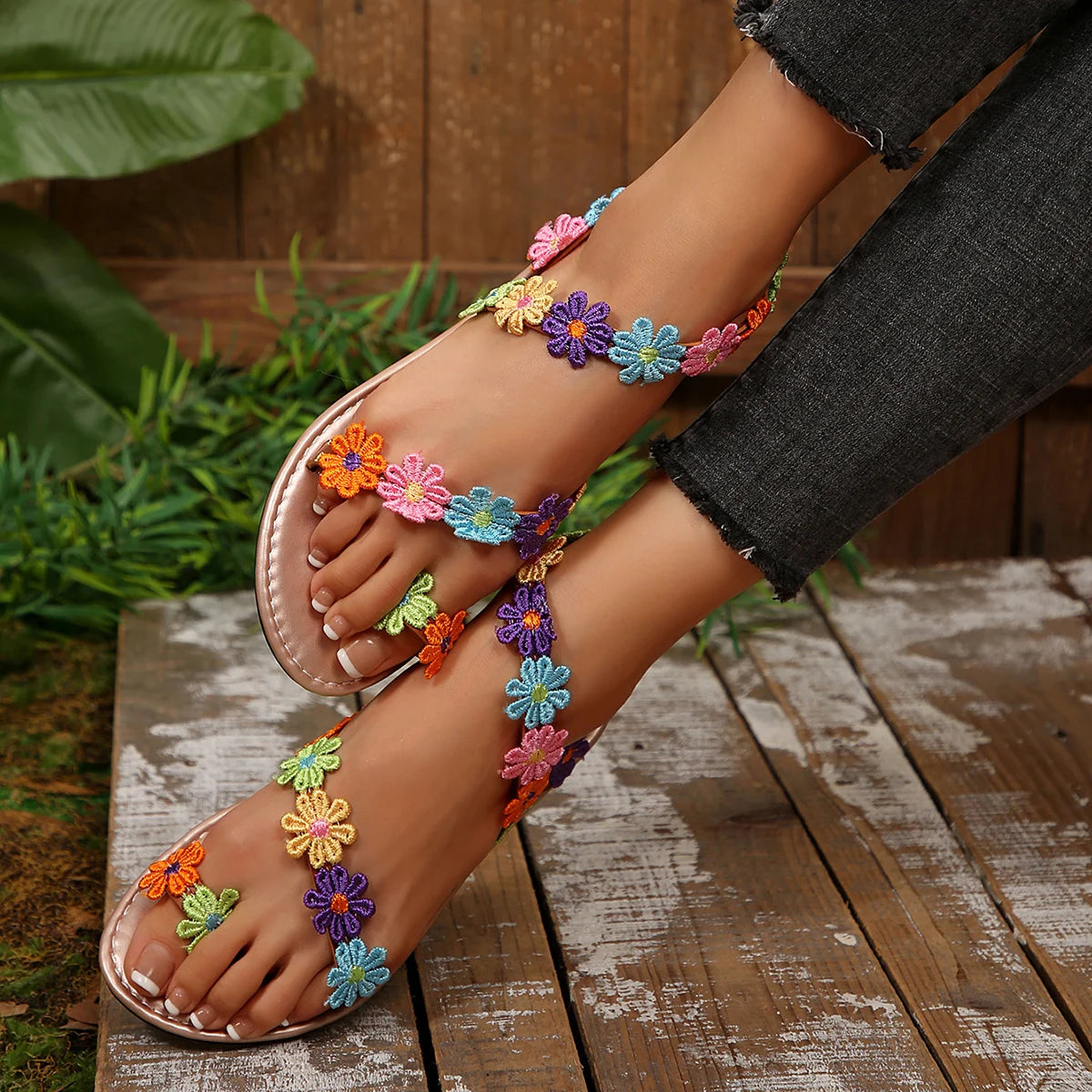 Summer Women Sandals Bohemian Lightweight Flower Flat Outdoor Open Zpaxo