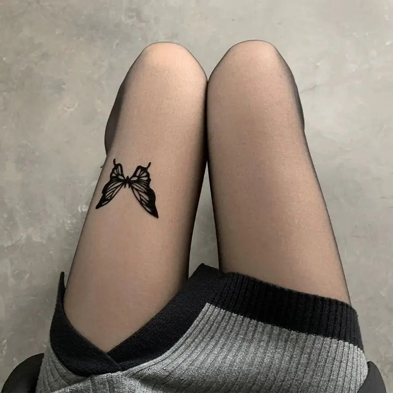 Sexy Women Black Tights Vintage Y2K Butterfly Print Transparent Silk