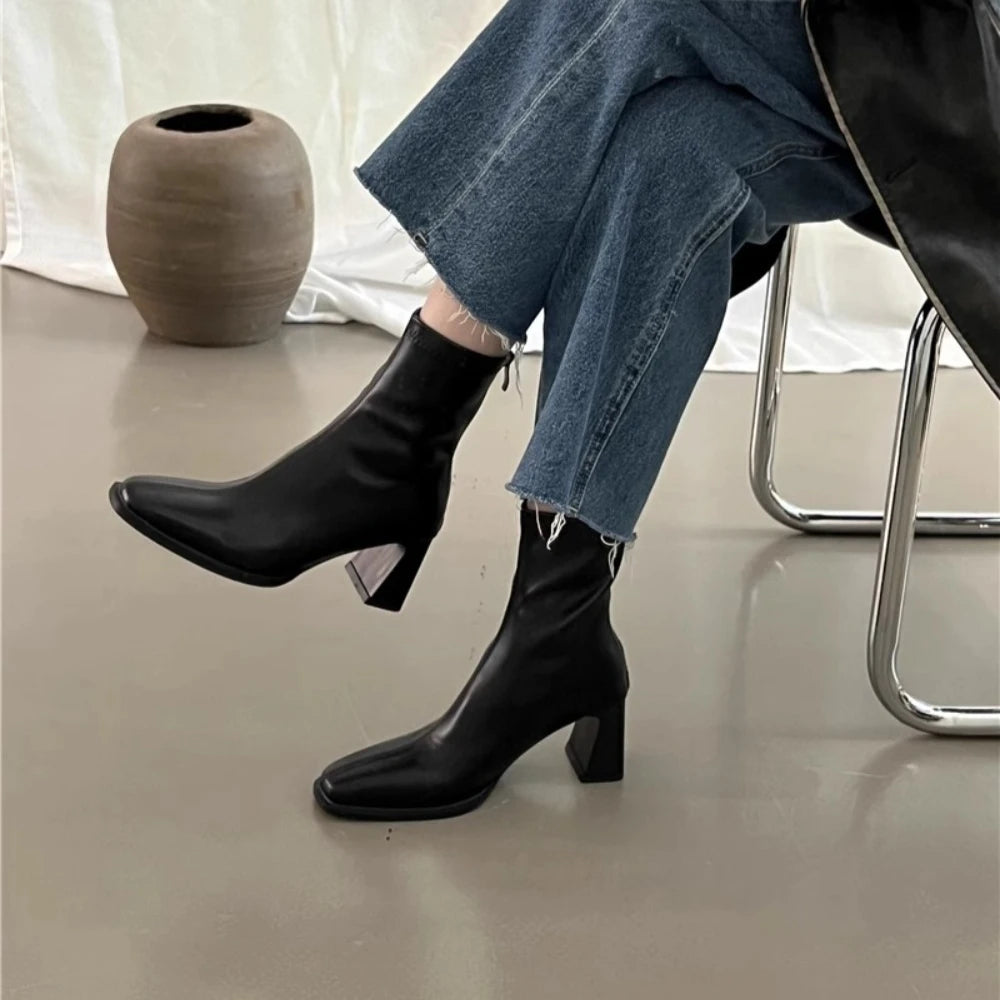 Vintage Warm Cotton Women Ankle Boots Fashion Elegant Square Toe
