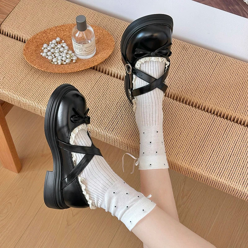 Women Lolita Shoes Girls Mary Jane Bow Knot Lace Trim PU Leather