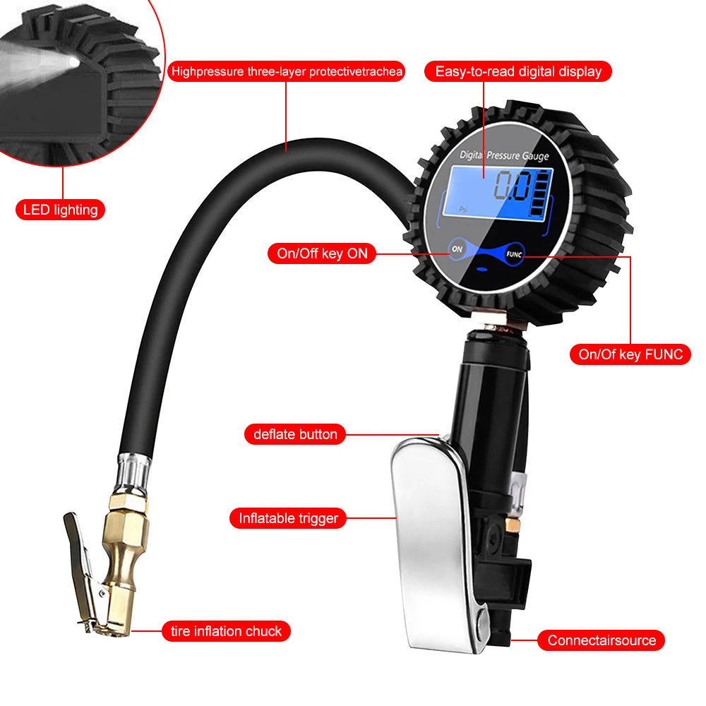 Tire Pressure Inflator Gauge 200PSI Air Line Clip-on Tyre Pump