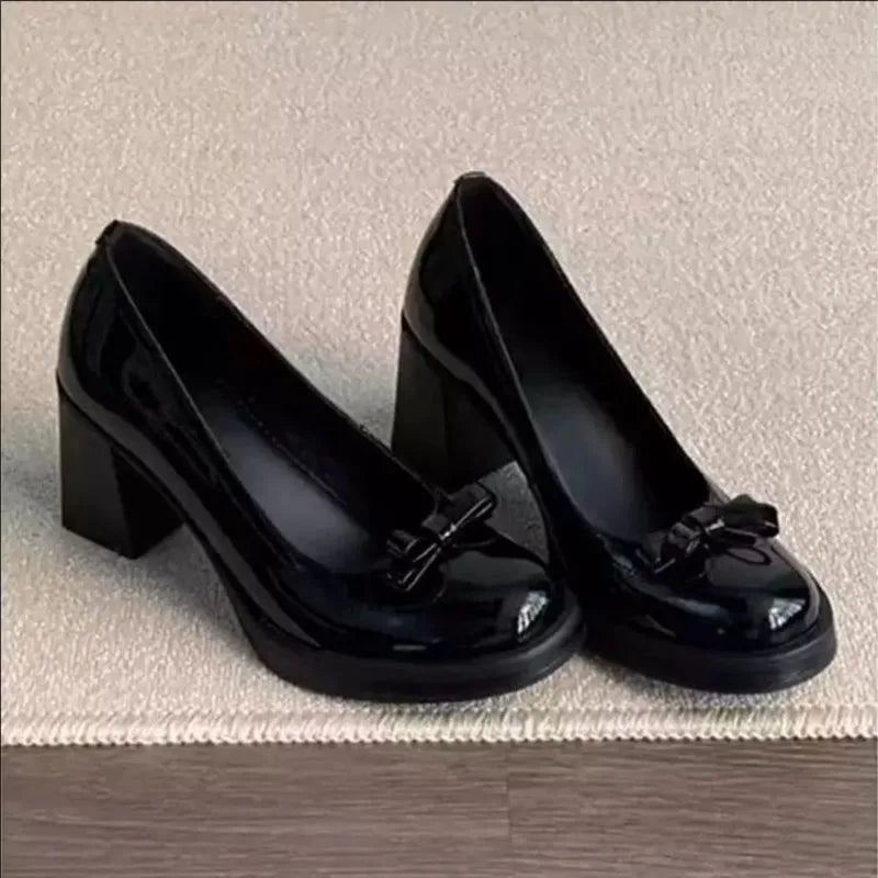 Vintage Bow Shallow Single Shoes Women Slip-On High Heels Block Heel Versatile Commuter Mary Jane Shoes Zpaxo