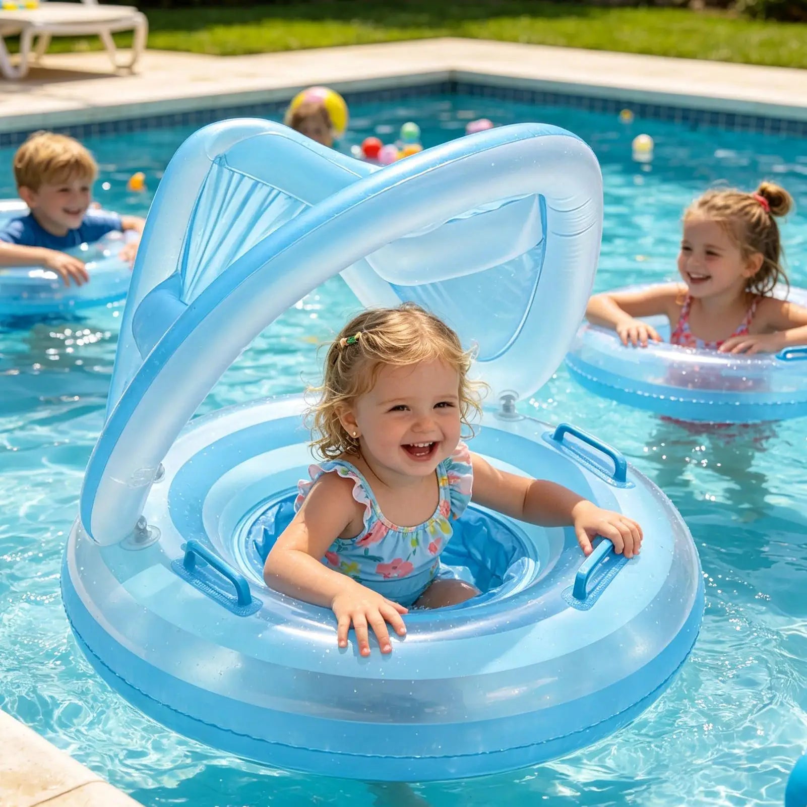 Kids Pool Float With Canopy Inflatable Portable Waterproof Ergonomic Cute Swim Ring With Sunshade For Kids Aged 6 Months To 4 Zpaxo
