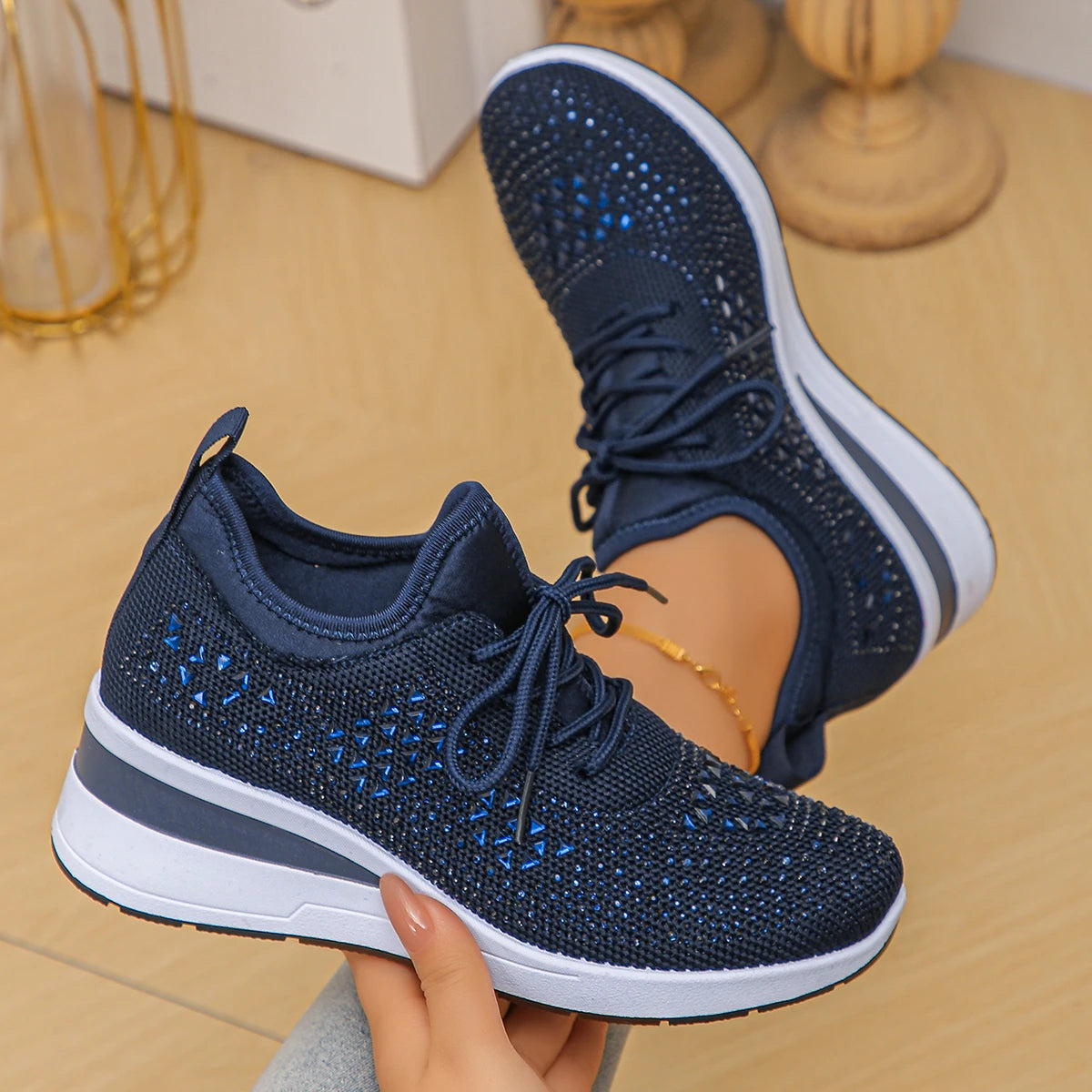 Women's Shiny Rhinestone Wedge Sneakers Breathable Knit Non Slip Zpaxo 41 image color 4