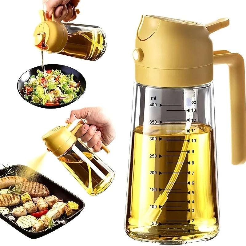 2in1 470ml Glass Spray Oil Sprayer Bottle Spray Oil Dispenser Oil Jar Cruet BBQ Kitchen Baking Roasting Picnic Kitchen Tool Zpaxo yellow