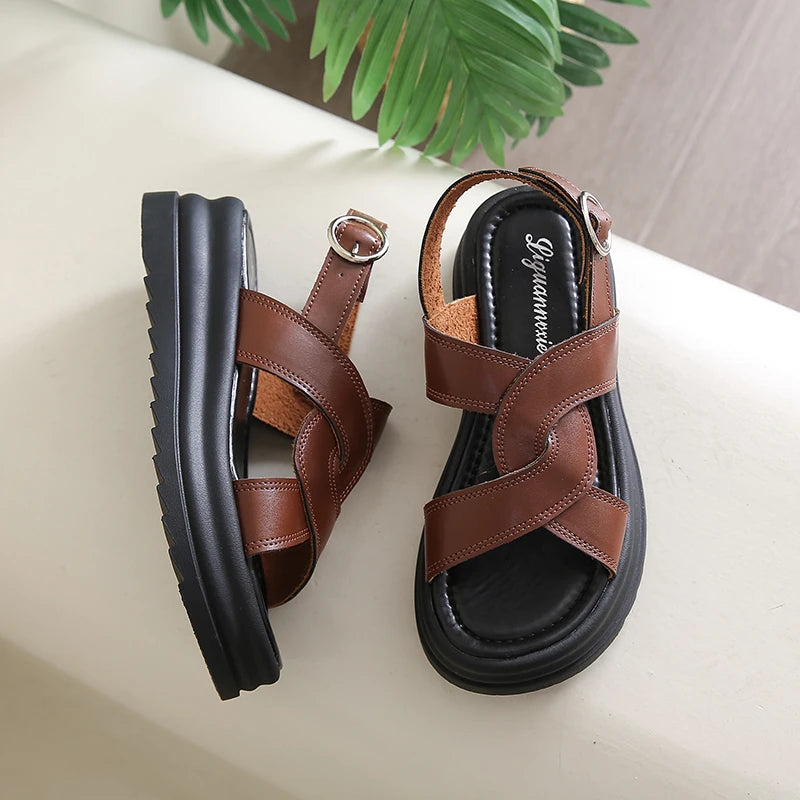 Women's Fashion Sandals New Outer Hollow Breathable Baotou Buckle Roman Shoes Anti-slip 2025 High-heeled Thick-soled Women Shoes Zpaxo