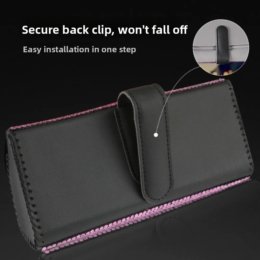 Portable Bling Sun Visor Glasses Case Rhinestone PU Leather Car Eyeglasses Holder Crystal Luxury Sunglasses Storage Box Vehicle Zpaxo