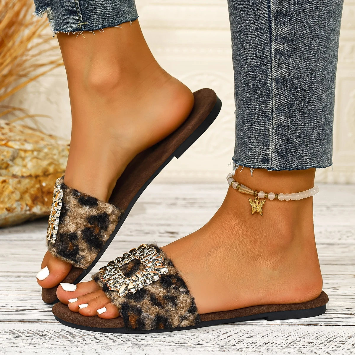 Women Slippers Summer Outdoor Flat Sandals Comfortable Diamond Zpaxo leopard print 39