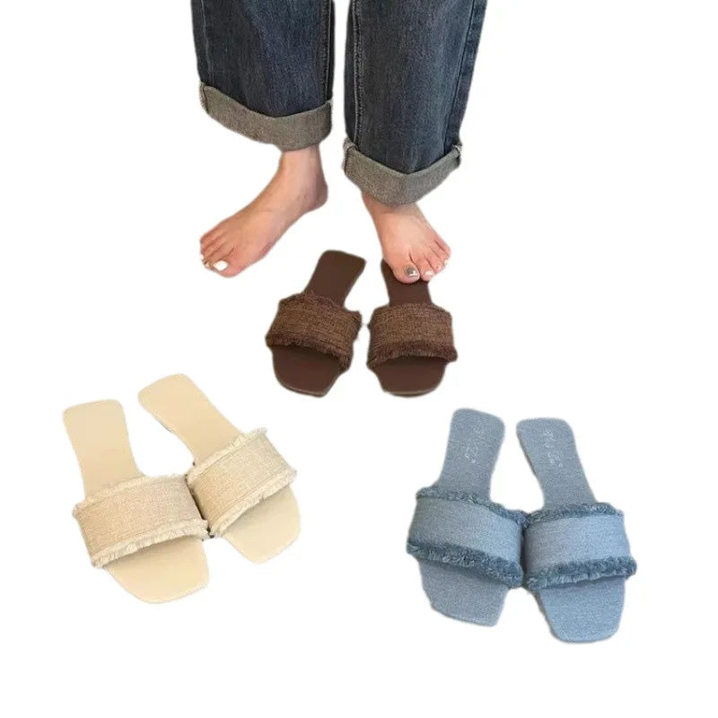 Women's Slippers Solid Color Open-toe Set Foot Vacation Beach Flat Sandals Casual Flip Flops Summer Indoor Women Slides Shoes Zpaxo