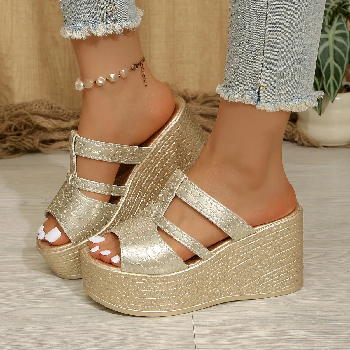 Women Sandals Summer New Wedges Platform Sandals Women Sexy High Heels Shoes Peep Toe Open To Walking Designer Sandals Women Zpaxo Gold 35