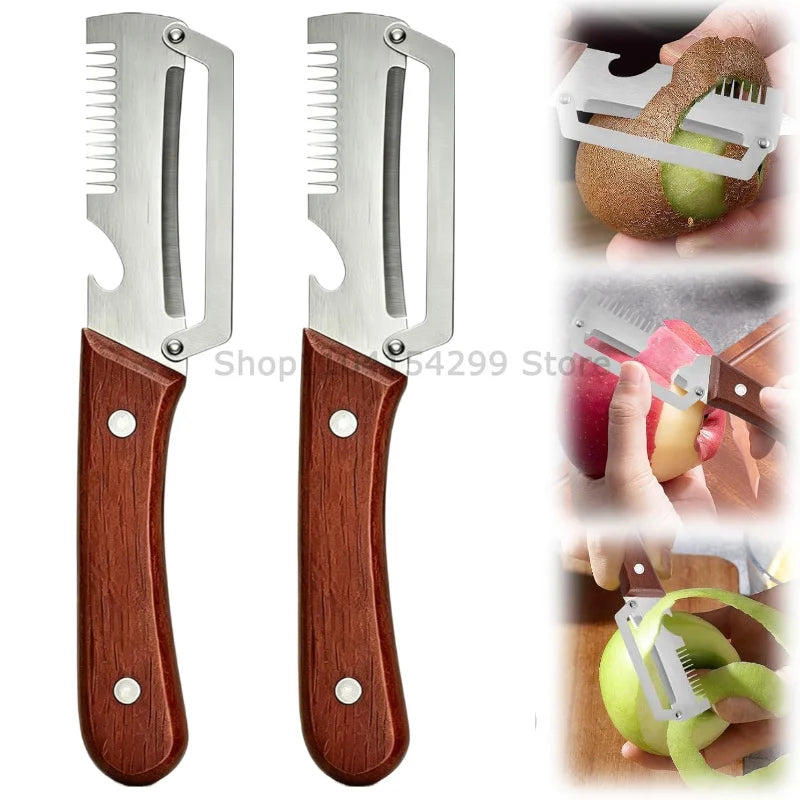 New Paring Knife Ergonomic Wood Handle Knife Stainless Steel Vegetable Peeler with Wooden Handle 2-in-1 Fruit Potato Peeler Zpaxo plastic Slicer-2PCS