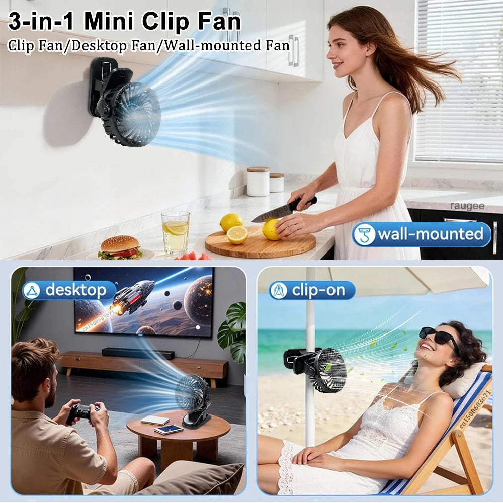 Mini Fan Clip Portable Night Light Rechargeable 360 Rotatable Hanging