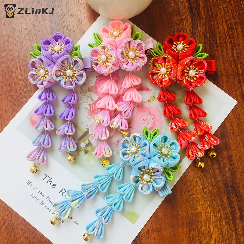 ▶Japanese Kimono Fabric Flower Folding Fan Children Hair Accessories Clip Tassel Headwear Headdress Barrette Zpaxo