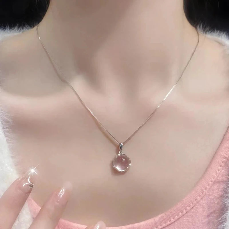 Pink White Chalcedony Round Pendant Necklace Elegant Gemstone Jewelry Zpaxo
