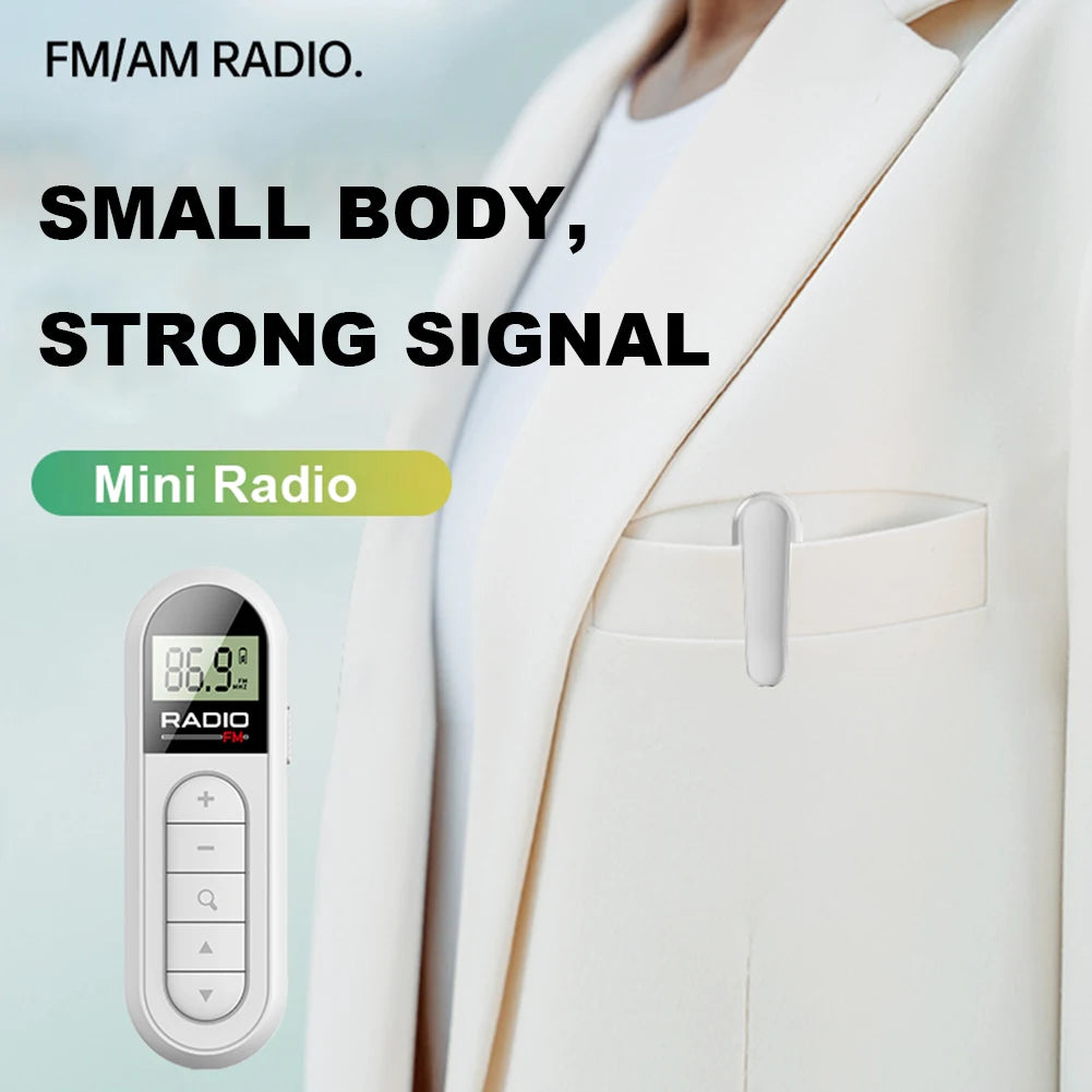 FM Radio Backlight LCD Display Mini Pocket Clip Headphones Personal