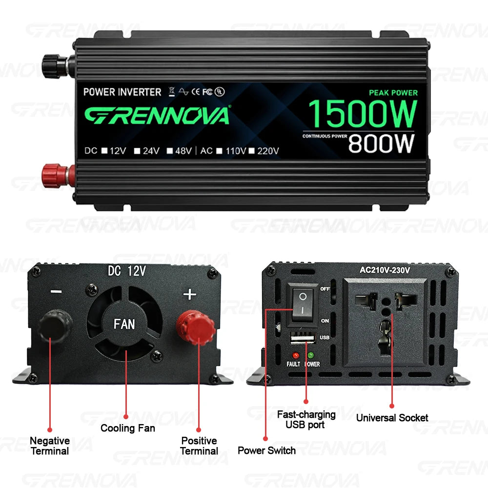 1500W True Rated Power Inverter 12V/24V/48V to 110V/220V AC Converter with USB for RV Camping Off-Grid CE FCC Certified Zpaxo