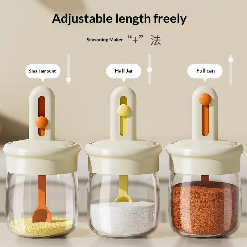 Glass Seasoning Jar with Retractable Spoon Lid | Sealed Salt Box Seasoning Jar Zpaxo