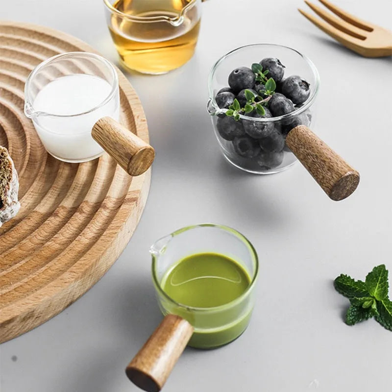 Glass Milk Pot Wooden Handle & Graduated Scale | Espresso Cup Glass Milk Pot Zpaxo