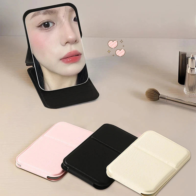 Simple Portable Handheld Foldable Mirror Solid PU Leather Desktop Zpaxo