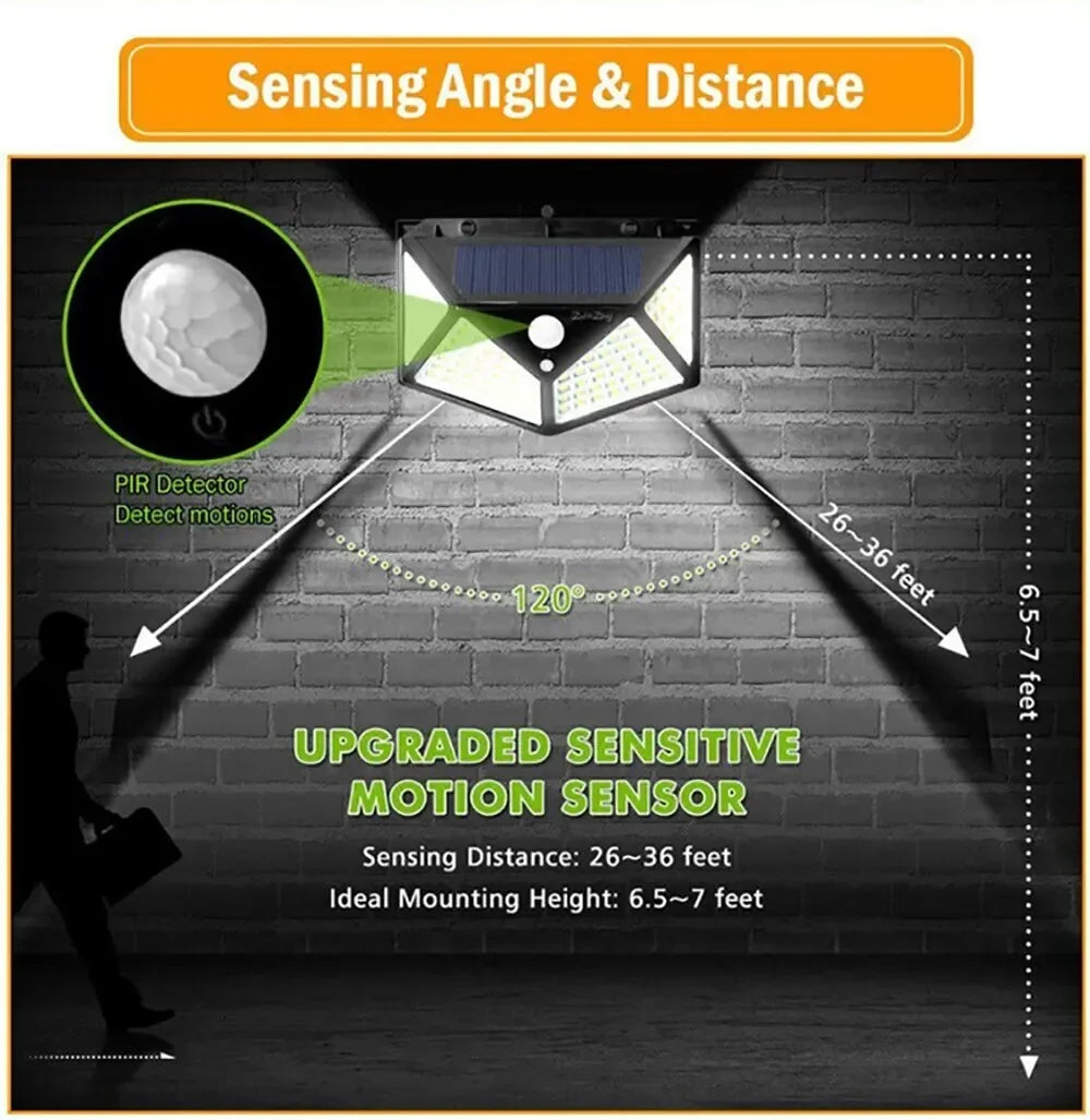 Solar Security Lamp Outdoor Garden Decor Waterproof Solar Powered 100 LED PIR Motion Sensor Spotlight for Yard & Pathway, Fence. Zpaxo