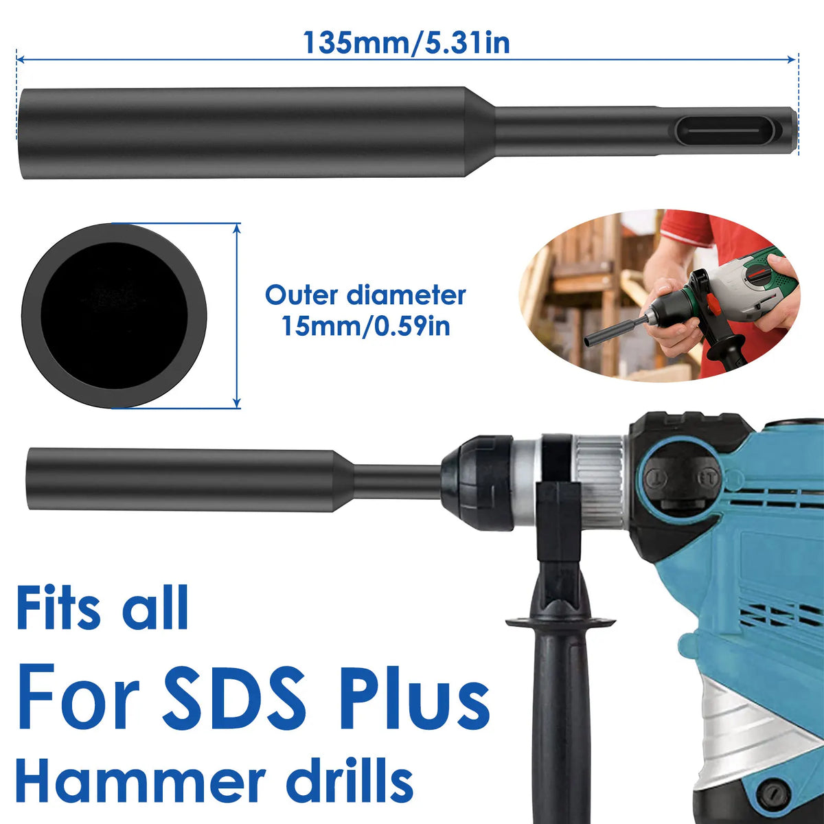 Ground Rod Driver SDS Plus Bit with Rotary Hammer Drill Bits Tool Accessories for 5/8 3/4 Inch Hardened Earth Driving Rod Work Zpaxo 15mm