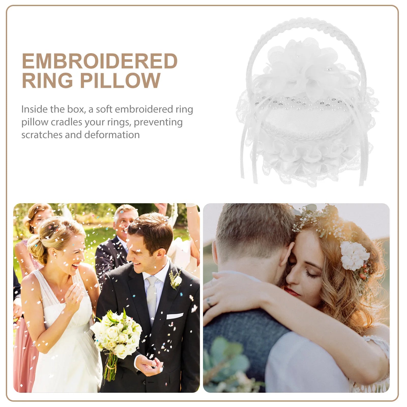 White Mini Satin Ring Box Embroidered Wedding Basket Pearl Handle