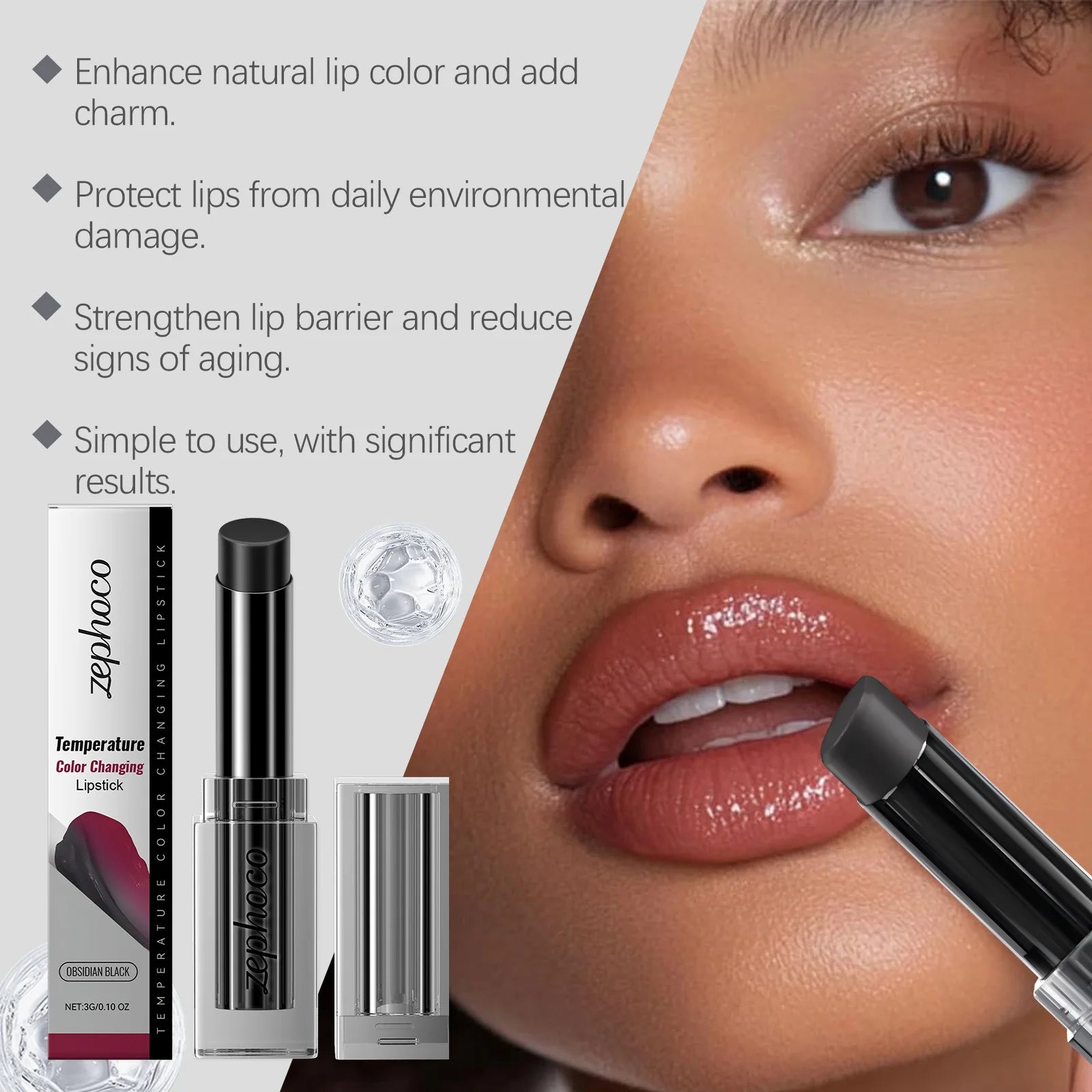 Obsidian Thermochromic Lipstick - Gentle, Moisturizing, Reduces Lip Lines, Protects and Softens Lips Zpaxo