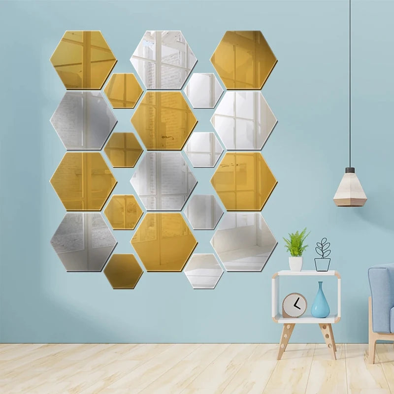 Lot Removable Geometric Mirror Wall Stickers Solid Hexagonal Shape