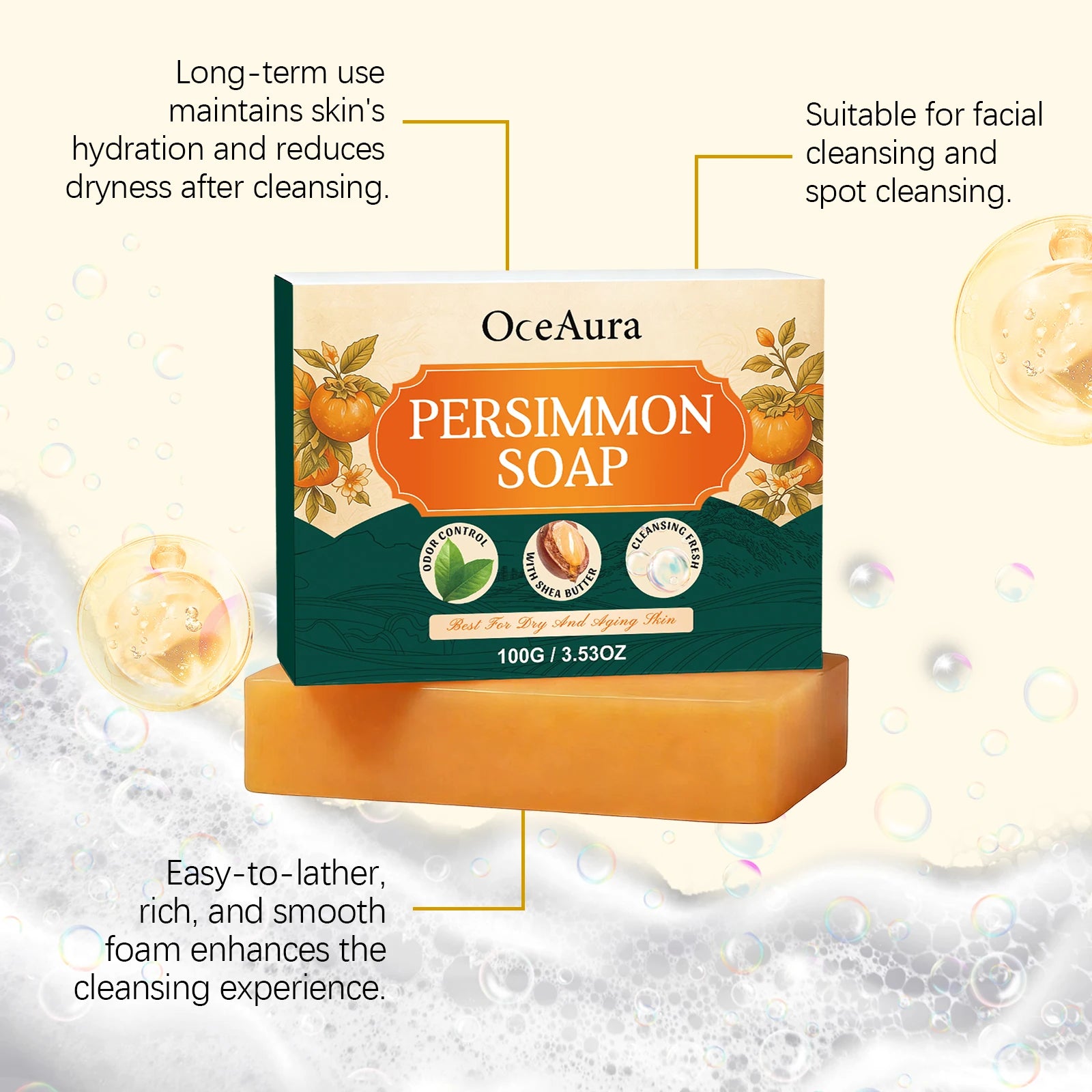 Natural Persimmon Fruit Soap Gentle Nourishing Barrier Protection Anti Dryness Body Wash Deep Hydration Lock Stabilizing 100g Zpaxo