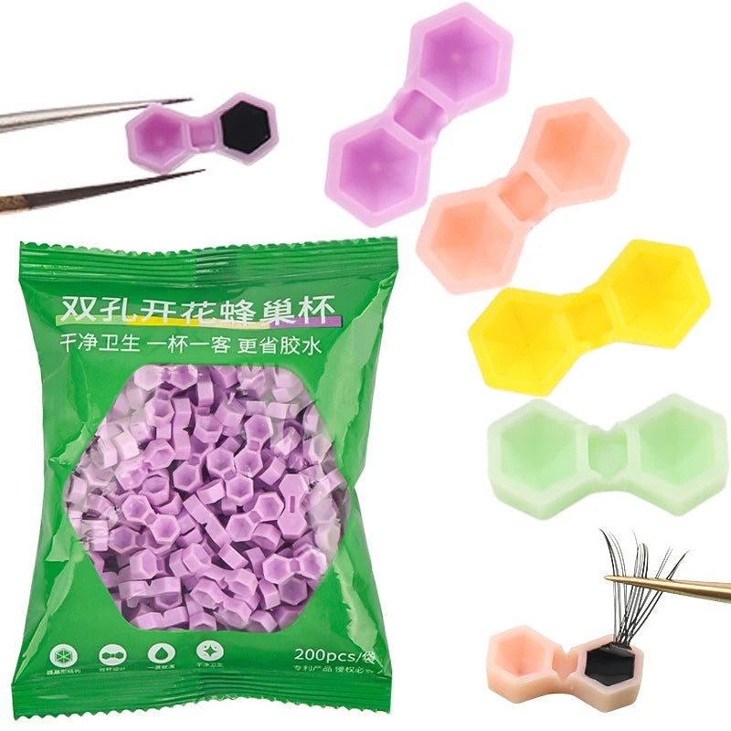 200pcs Eyelash Extension Glue Cup 2 Hole Honeycomb Tattoo Ink Pigment Holder Container Grafting Eyelashes Auxiliary Makeup Tool Zpaxo
