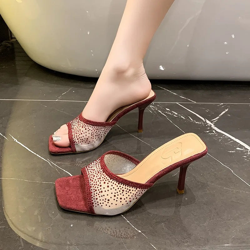 2025 Summer New Square Gauze Rhinestone High Heel Women's Shoes Elegant All-match Thin Heel Sandals Zpaxo