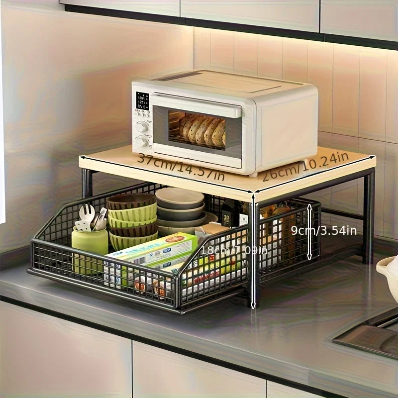 Maximize space! Sturdy hardwood shelf with drawer & wire basket. Perfect for coffee maker. Neat & compact. Zpaxo