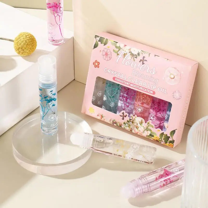 Flower Roll-On Lip Oil Gloss Set – Hydrating & Clear, 6 Pcs Lip Oil Gloss Set Zpaxo