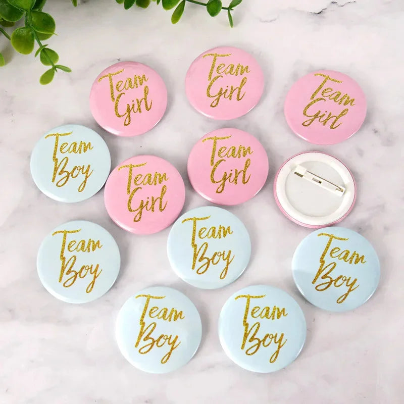 Team Boy Girl Button Pins Gender Reveal Tinplate Badges Guests Party