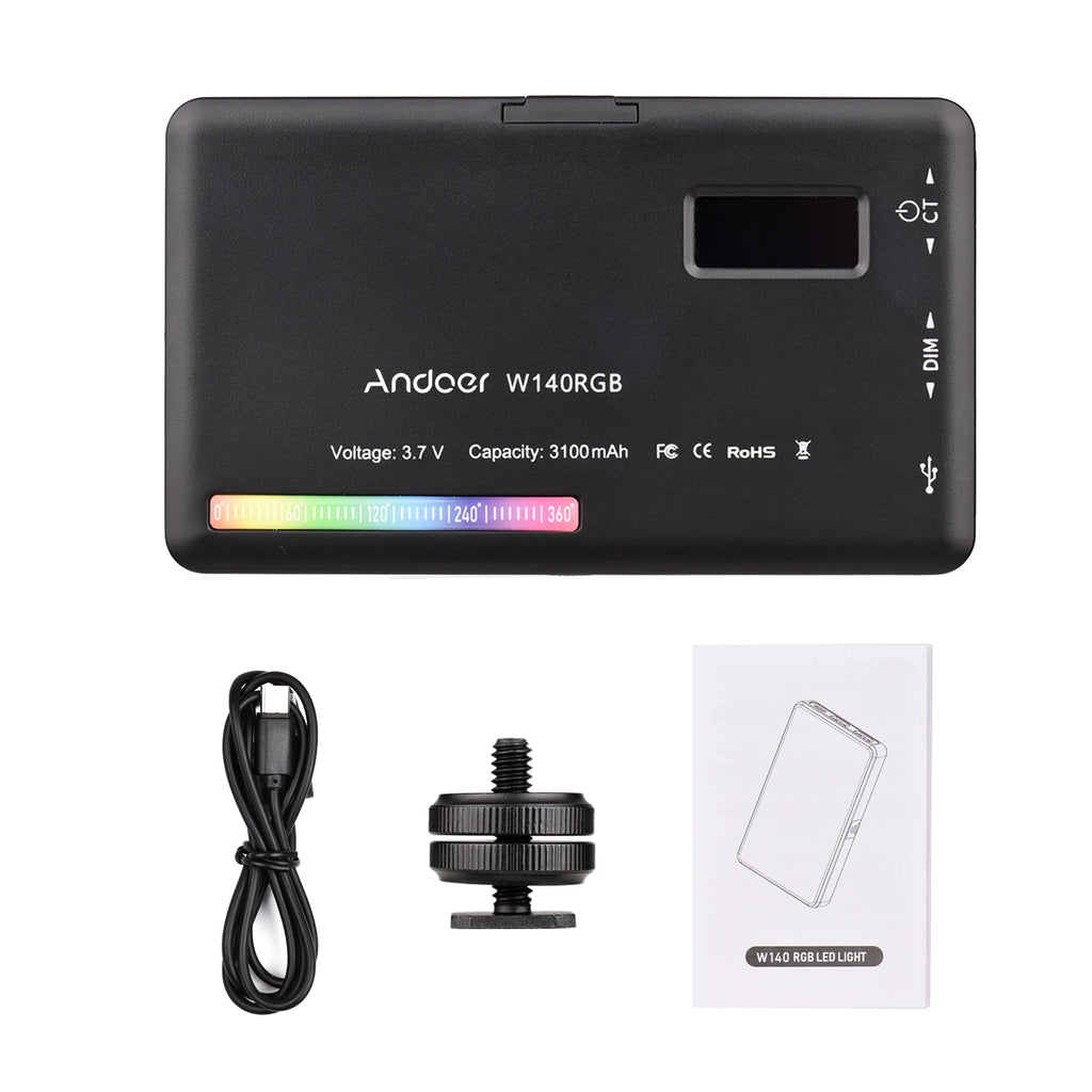 Andoer W140 RGB LED Video Light Rechargeable Photography Fill CRI95+