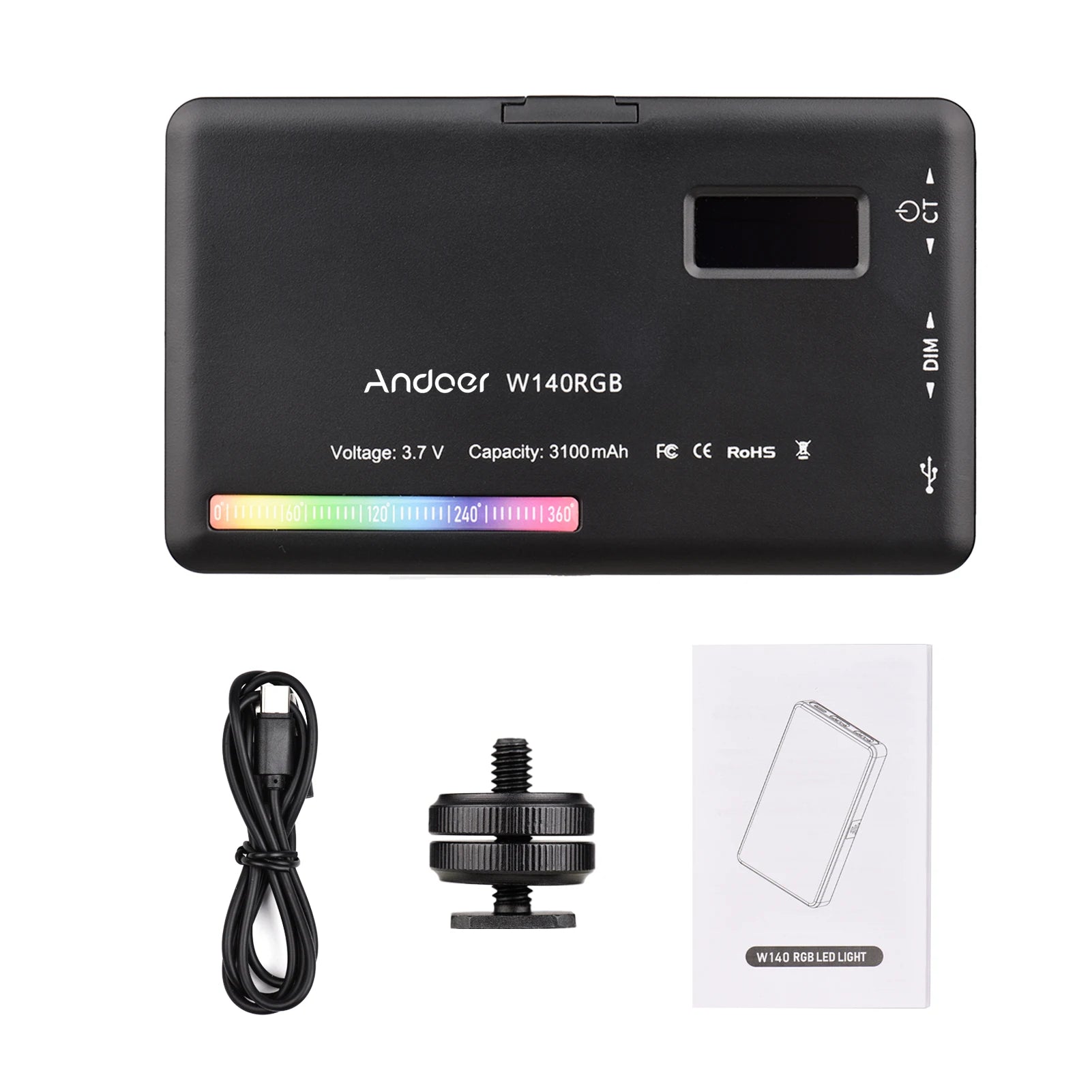 Andoer W140 RGB LED Video Light Rechargeable Photography Fill CRI95+