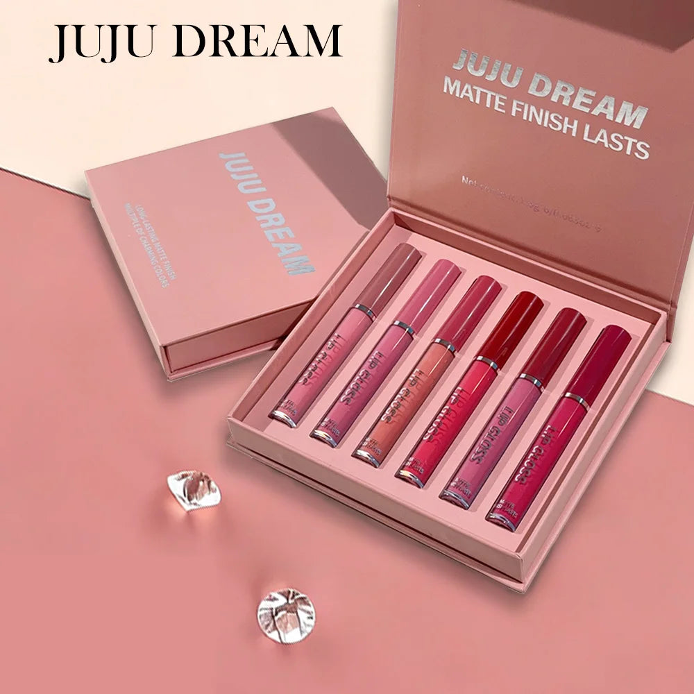 JUJU DREAM 6Pcs Matte Lipstick Set Long-Lasting Non-Stick Cup Lip Makeup Kit Popular Shades Waterproof Non-Fading Lip Color Kit Zpaxo